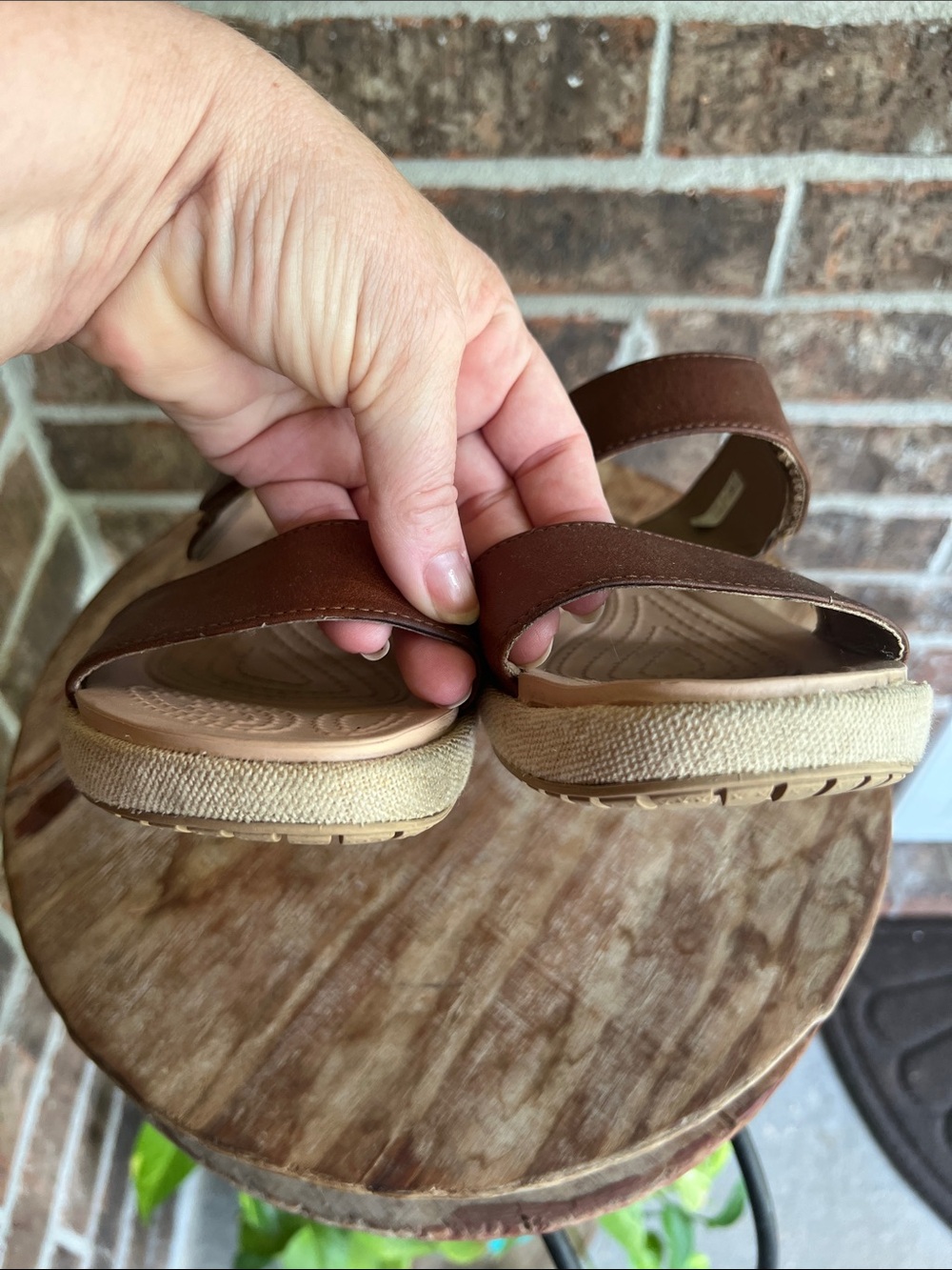 CROCS Brown Leather-Look Double Strap Sandals - Picture 2 of 10
